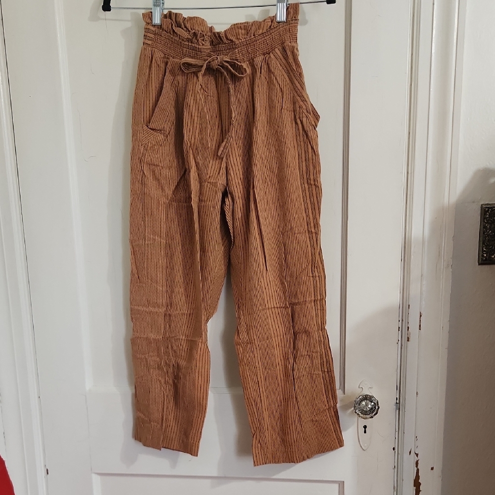 Sienna Sky Brown Striped Pants with Tie Belt